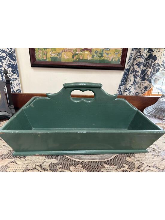 Antique wood cutlery caddy Green Paint utensil carrier Centerpiece Country Farm - Picture 2 of 13